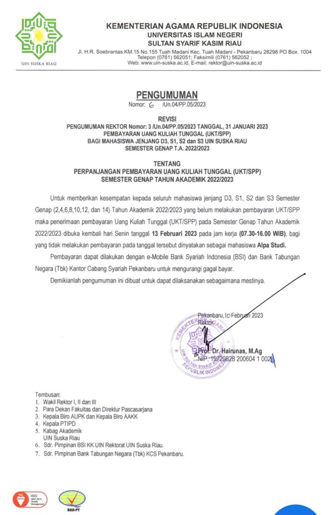 Perpanjangan Pembayaran UKT (SPP) Semester Genap 2022-2023 – Pendidikan ...